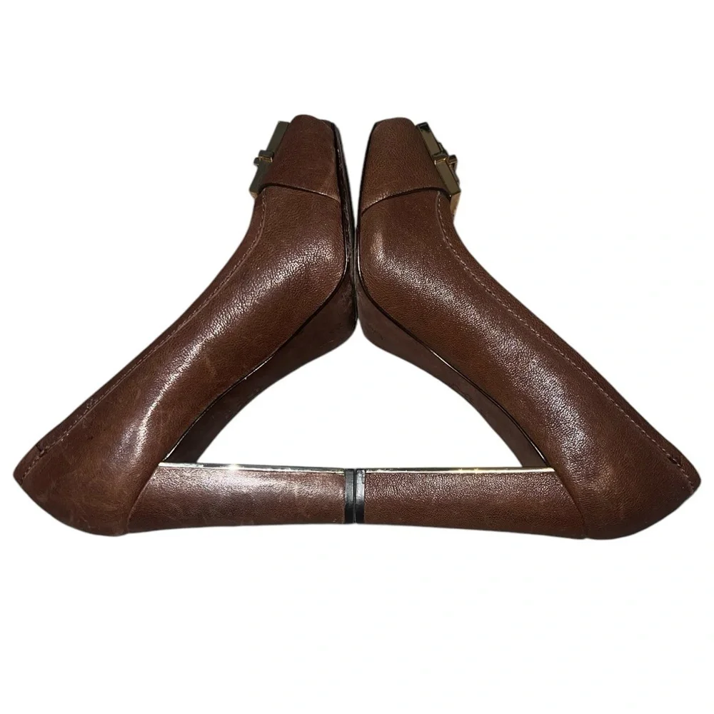 Tory Burch Quentin Landed Capra Peep Toe Leather Heels Fig Brown 8.5 Chocolate